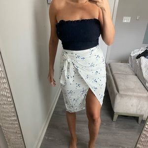 Olivaceous Blue and white side tie skirt polka dot